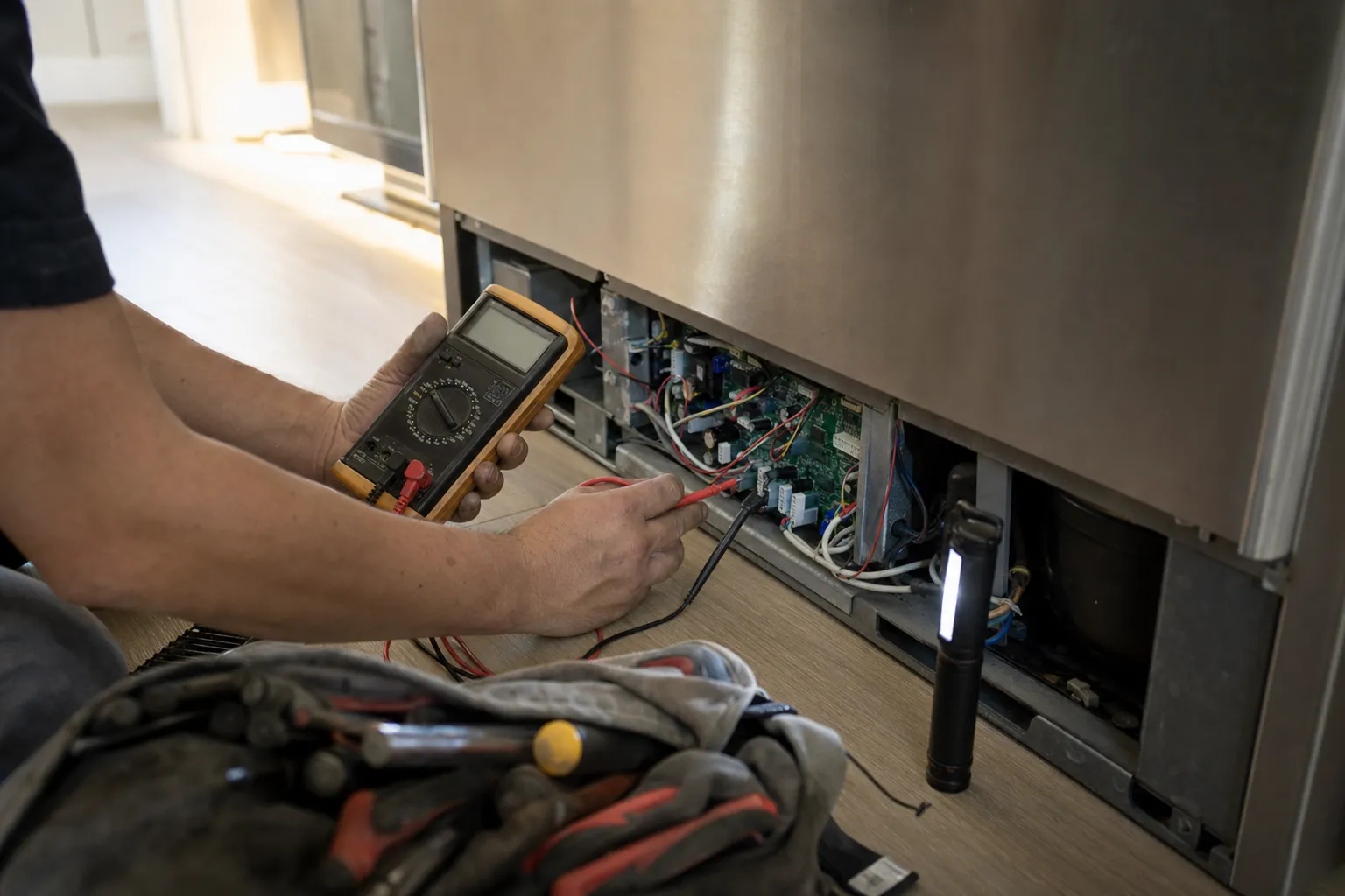 Meter probes on the control board in the open base of a tall stainless built-in, work light propped alongside