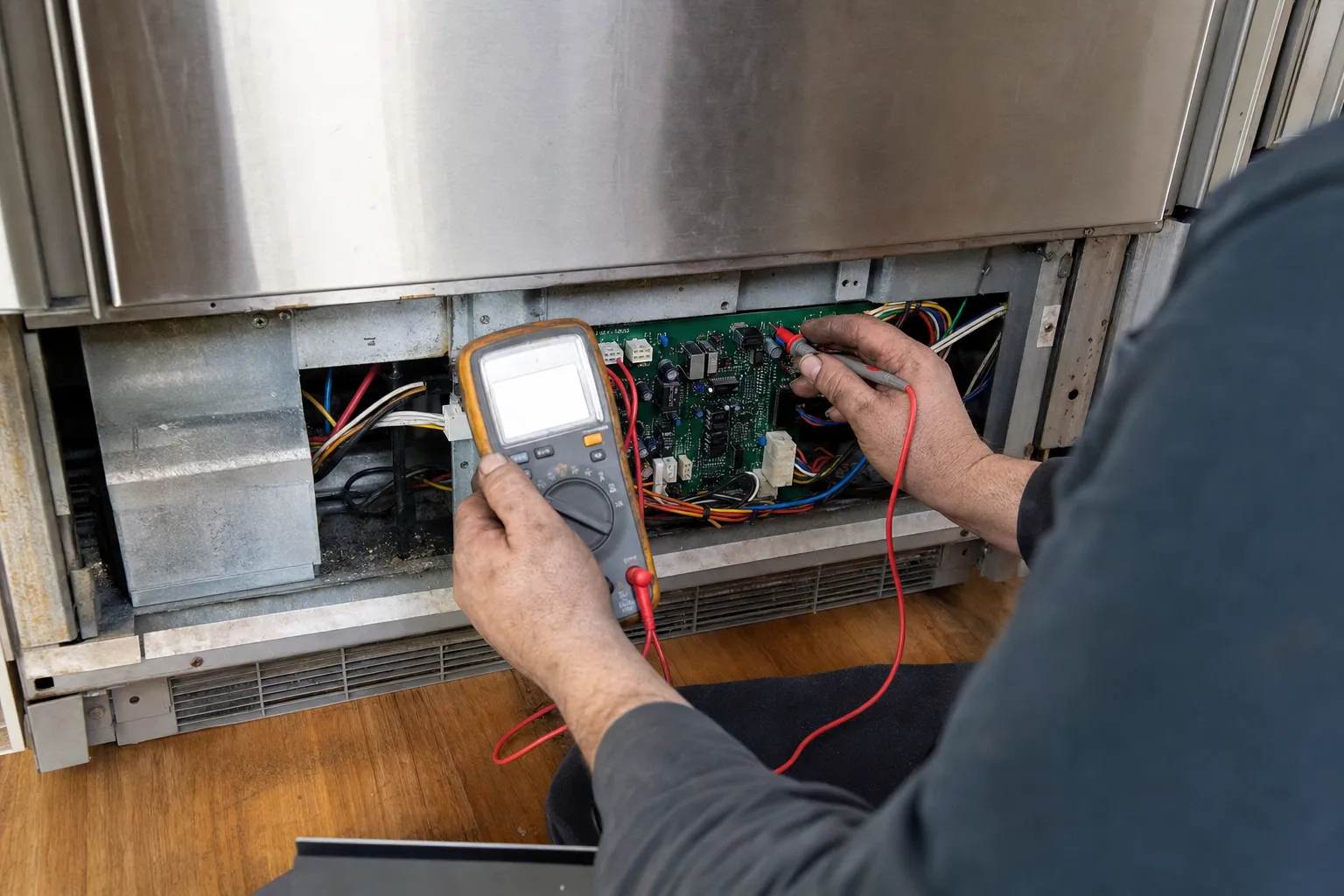Meter held up to the green control board in the open base of a stainless built-in, red probe on a component, grille below