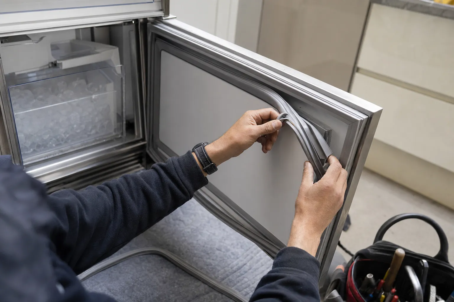 Gasket being worked out of the door channel of an open stainless undercounter unit, an ice bin full of cubes inside, a tool bag at the side
